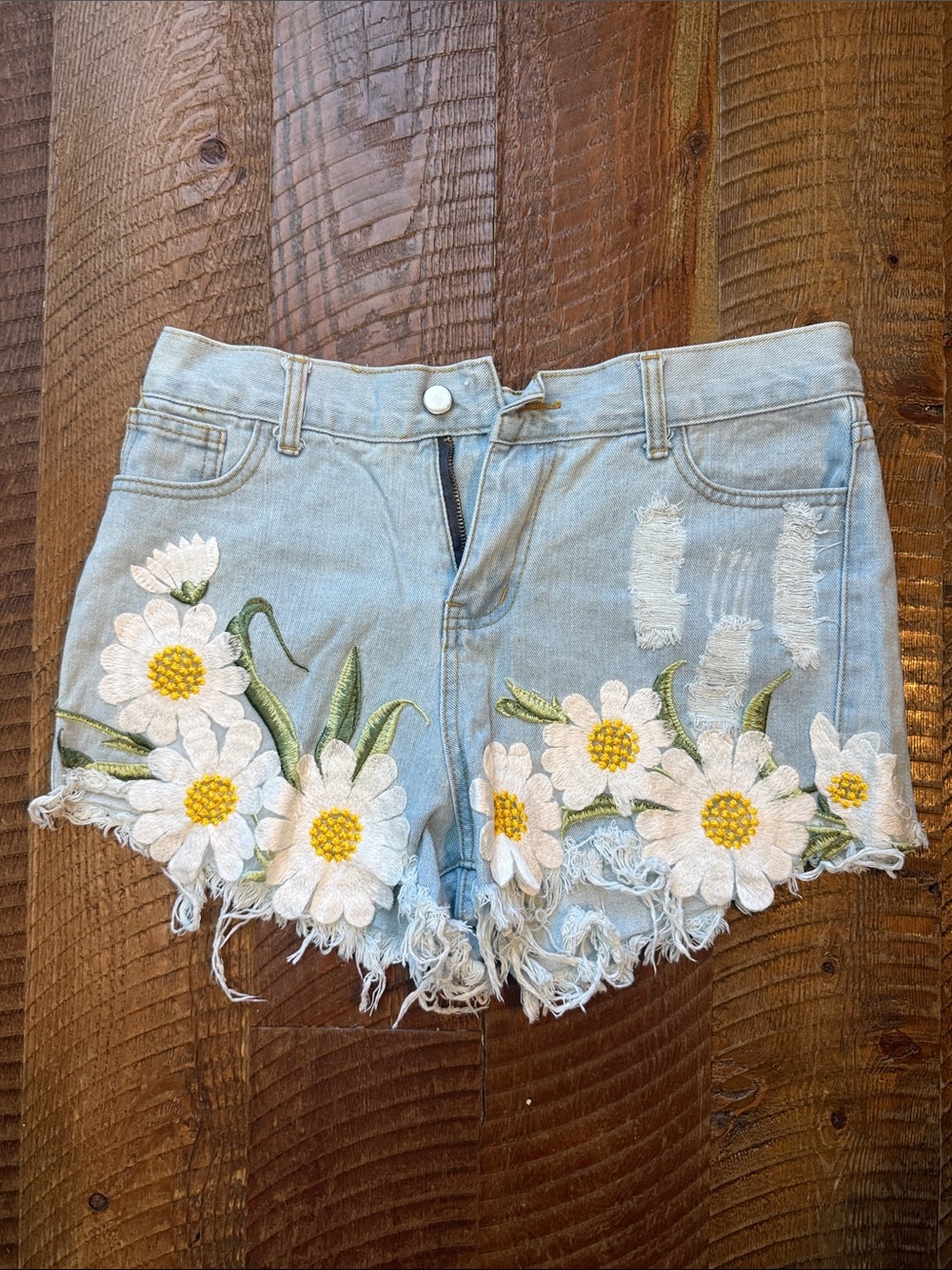 36 Point 5 Light Blue Denim Shorts with White Daisy Embroidery